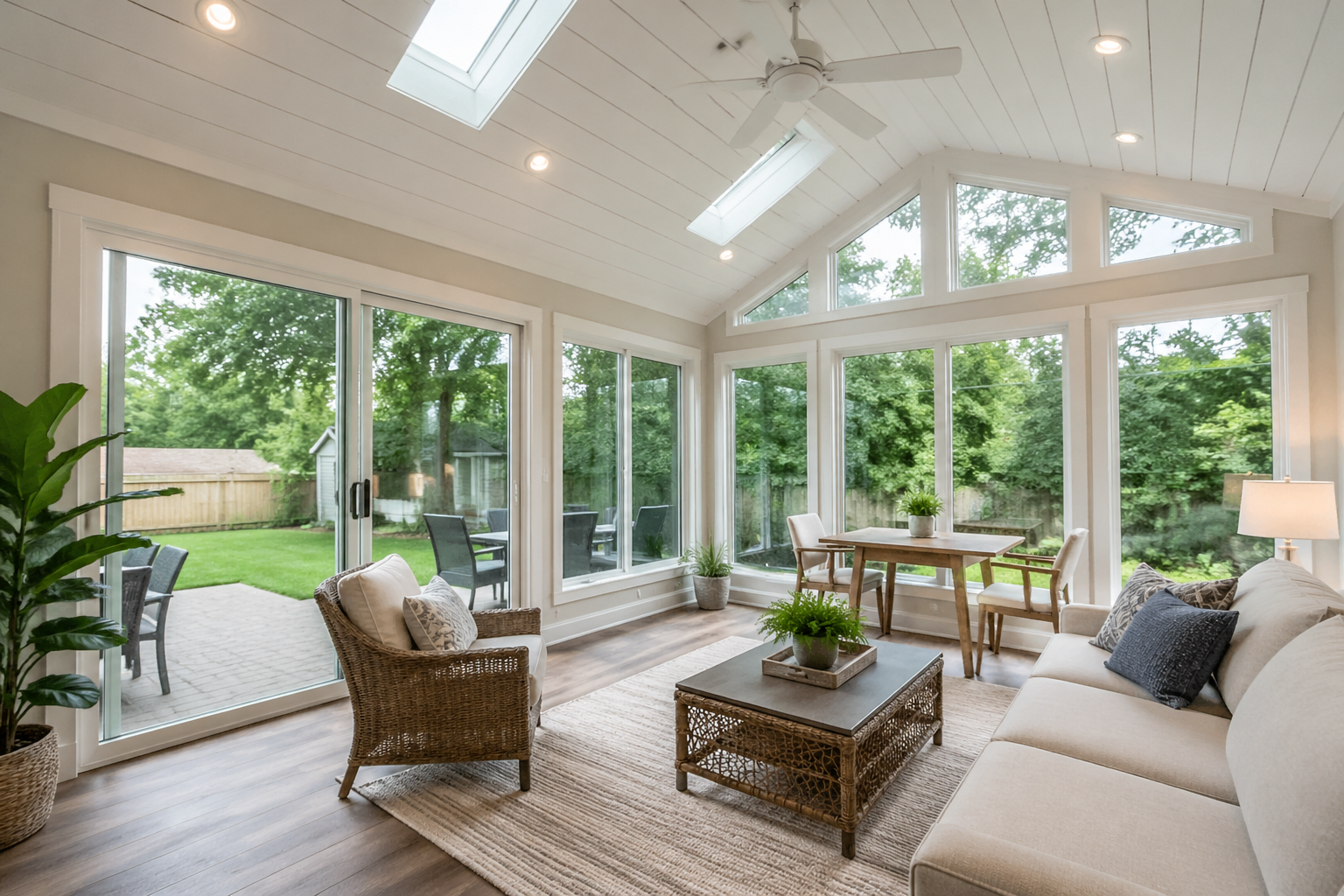 Bright and airy living space after the sunroom addition, featuring vaulted shiplap ceilings, large windows, and skylights that offer views of the lush backyard. Cozy seating, natural wood accents, and a coffee table enhance the sunroom's inviting and tranquil atmosphere.