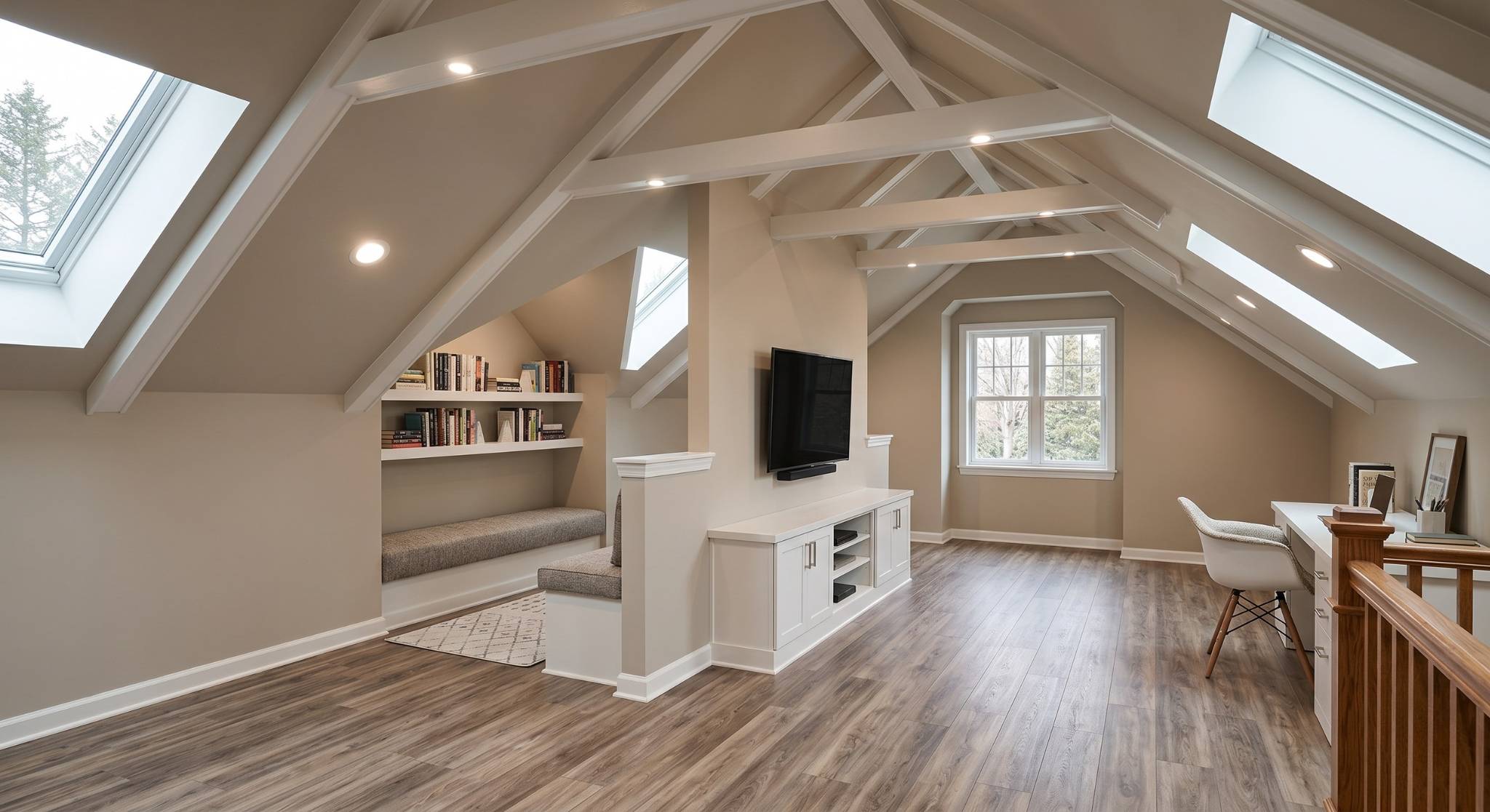 Modern attic remodel by AR Remodeling showing a bright conversion with skylights, exposed white beams, built-in bookshelves, and a functional home office space.