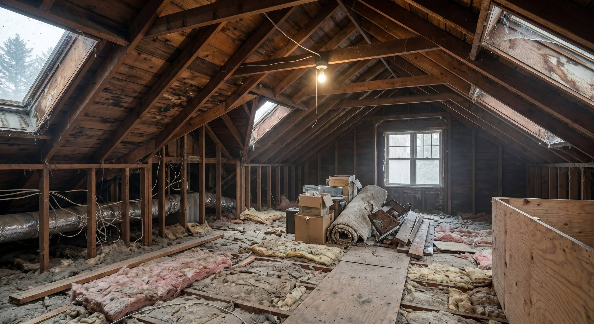 A dark, unfinished attic with exposed wooden rafters, pink fiberglass insulation, and old storage boxes before a professional remodel by AR Remodeling.