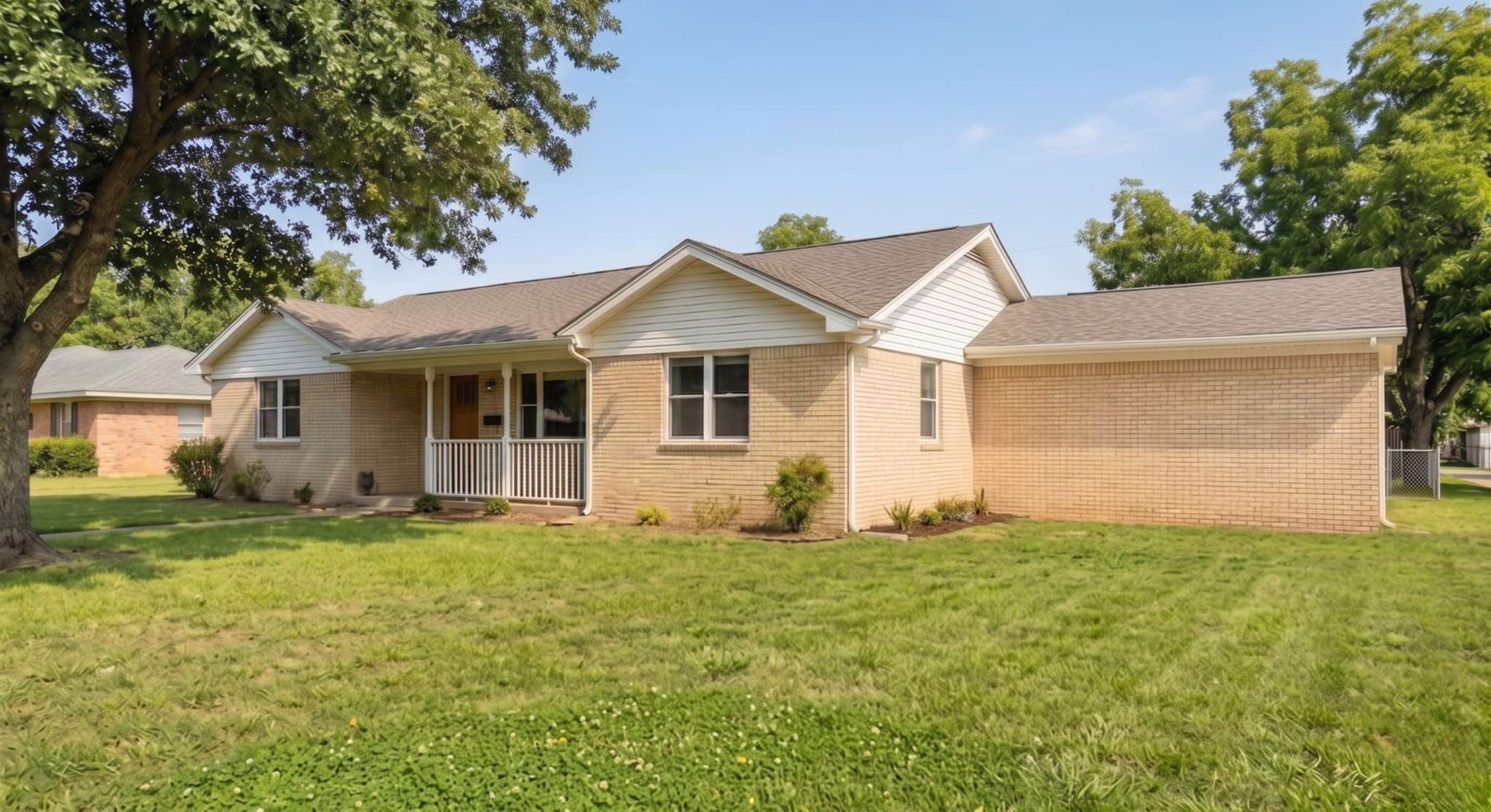 Pre-renovation photo of a beige brick ranch-style house with no garage, featuring a full green grass front yard and a small white railed porch.