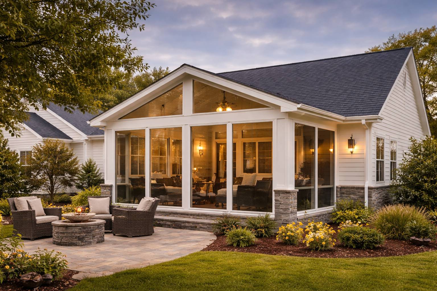 Sunroom addition with floor-to-ceiling windows, surrounded by a lush garden and stone-paved patio in a suburban home.